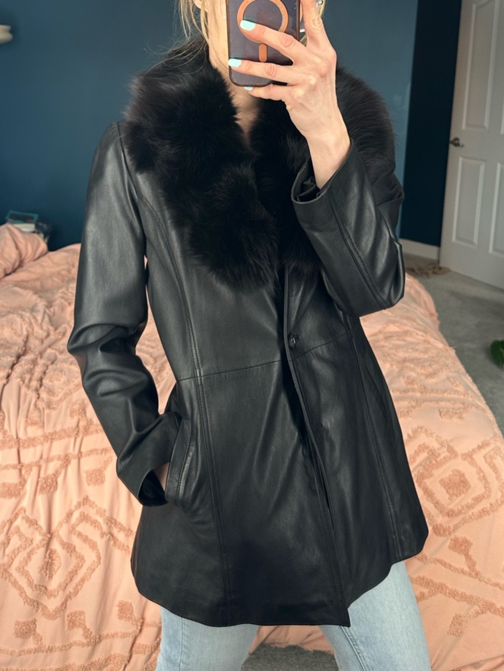 Boutique of Leathers Black Leather Coat with Fur Collar